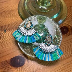 Boho Chic Abalone Raffia Silver-tone Fish Hook Pierced Dangle Earrings